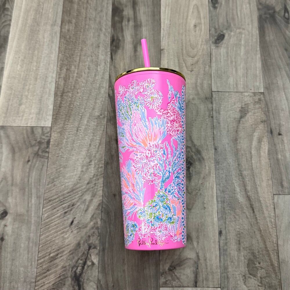 Lilly Pulitzer 24oz Tumbler Pink Royal Coral Straw Gold Lid Cold Cup
